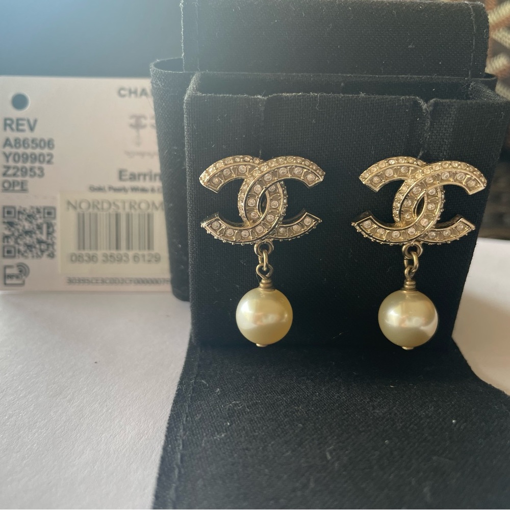 Chanel CC Gold, Pearly White Drop & Crystal Earrings